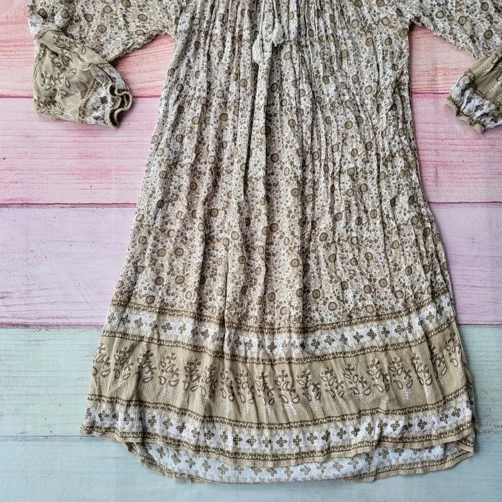 Little Gypsy Co Luna Cream Tan Long Sleeve Floral Boho Midi Dress‎ Size Medium